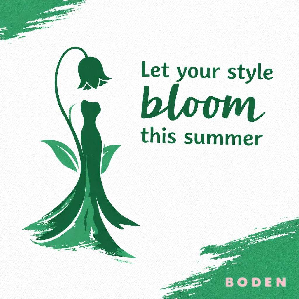 Green-and-white Boden concept with a flower turning into a dress silhouette.