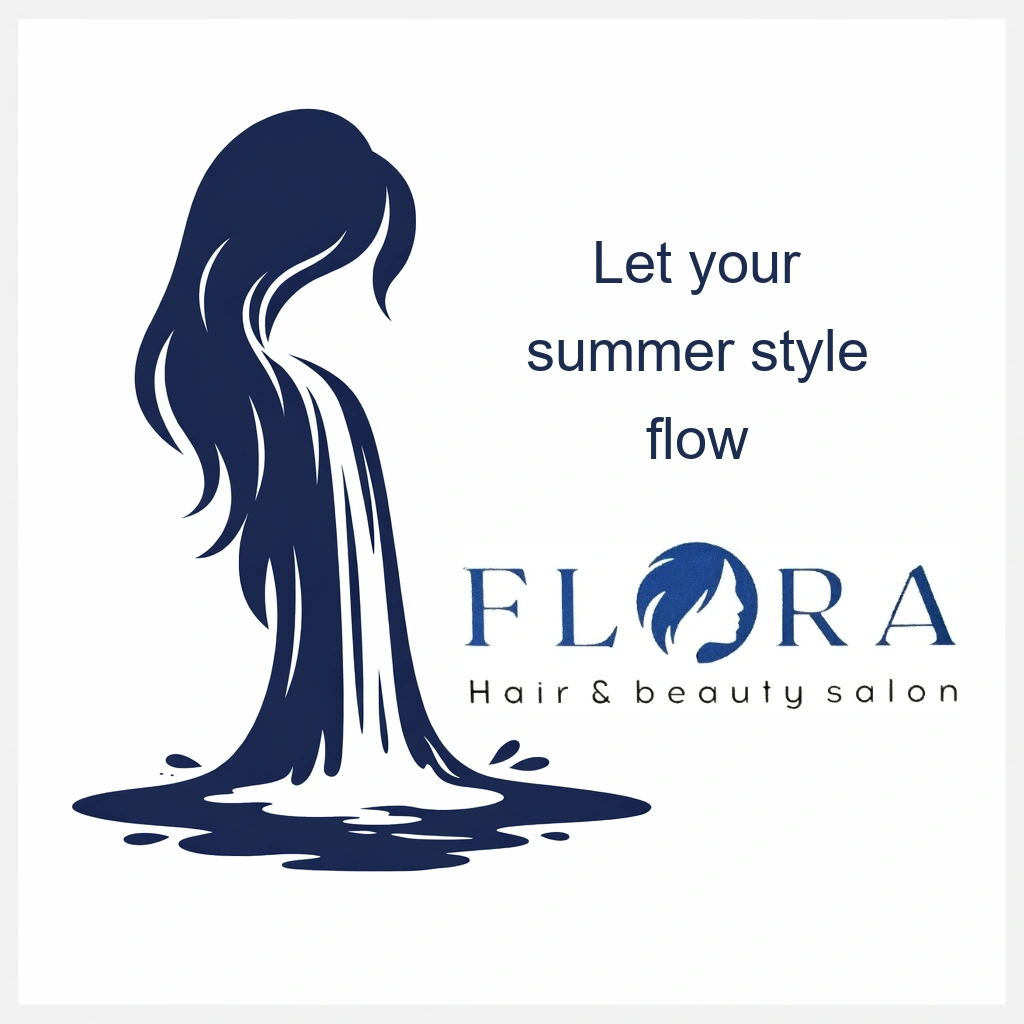 Flora beauty concept in navy and white, with hair flowing like a waterfall.