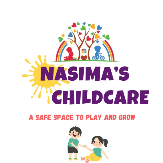 Nasima's Childcare social identity with a colourful tree and a play-and-grow message.