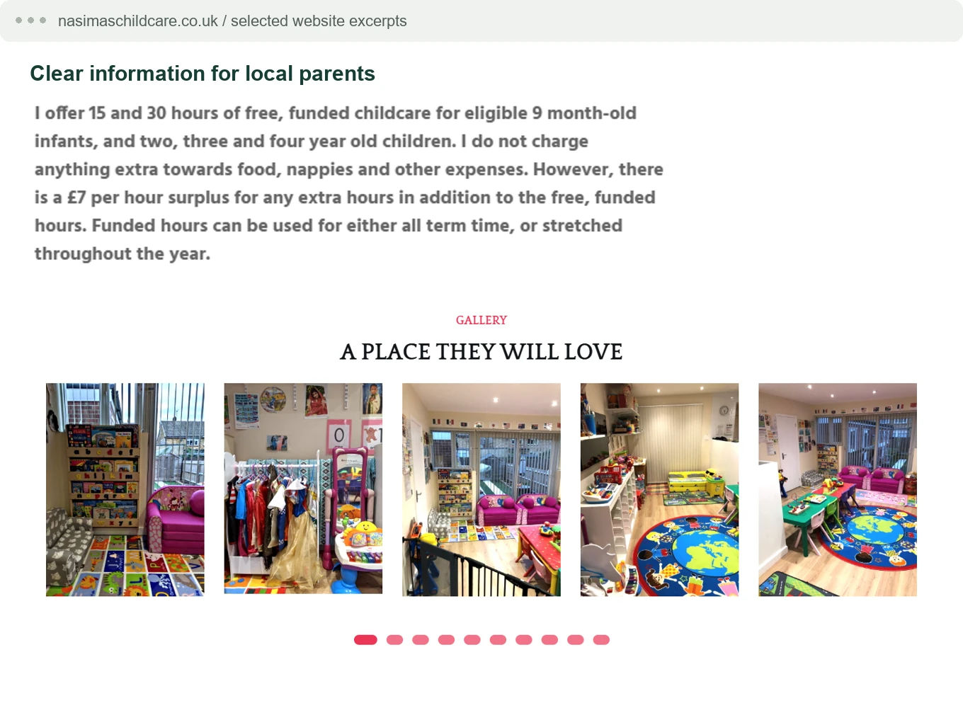 The childcare website's parent information and gallery.